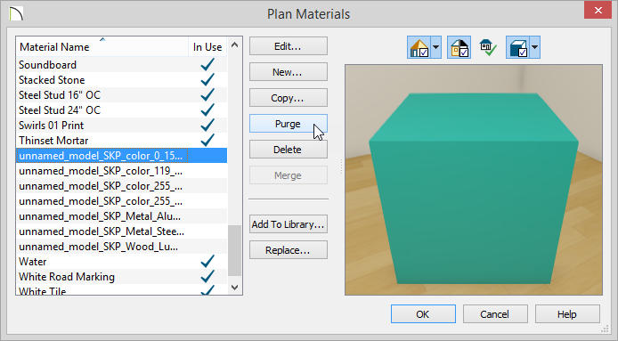 Plan Materials Plan Materials dialog showing Delete and Purge buttons