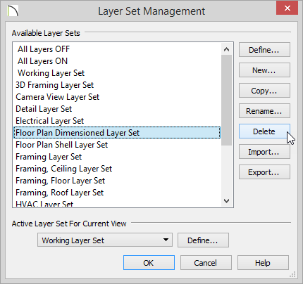 Layer Set Management Layer Set Management showing the Delete button