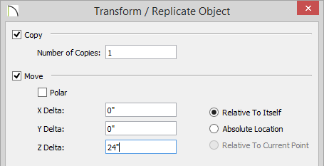 Transform / Replicate Object Transform Replicate Object dialog with Copy and Move checked and 1 entered for the number of copies and 24" for the Z Delta