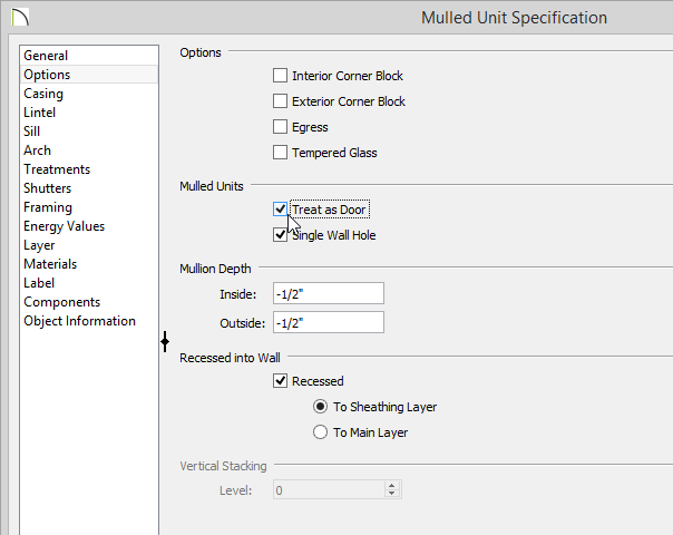 Mulled Unit Specification Mulled Unit Specification dialog with Treat as Door checked on Options panel