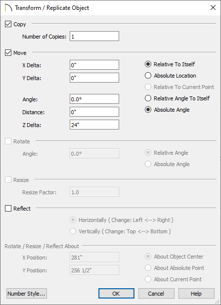 Transform/Replicate Object dialog setting it to have one copy and twenty-four inches on the Z delta