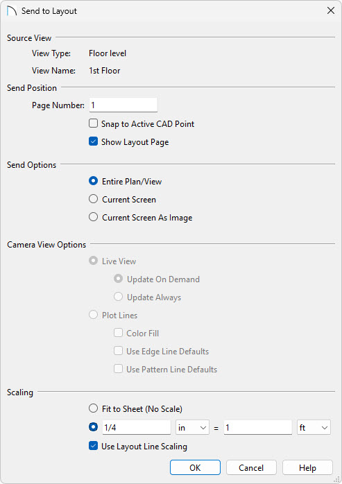 When sending to layout, choose which page and which scale you'd like to send your view to.