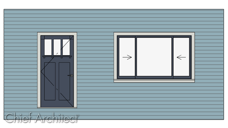 Hinged door and a triple sliding window displaying opening indicators