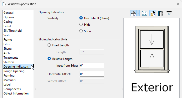 Window Specification Dialog opened to the "Opening Indicators" panel showing radio buttons for the options mentioned.