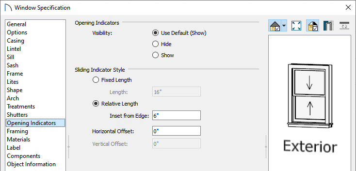 Opening Indicators panel of the Window Specification dialog