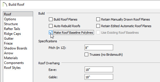 Select the Make Roof Baseline Polylines option in the Build Roof dialog