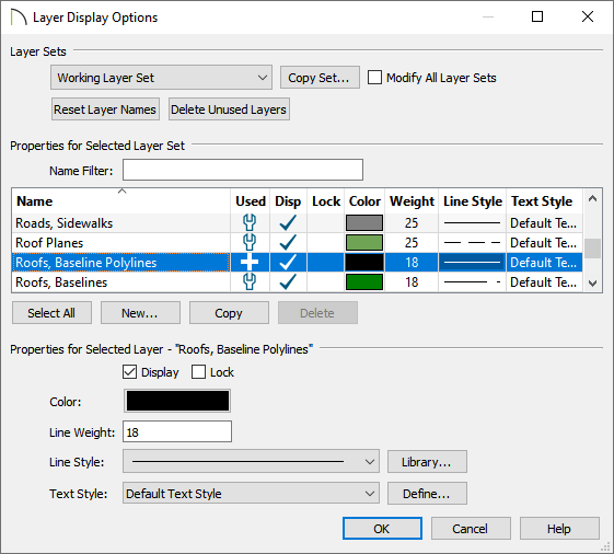 Roof Baseline Polylines set to display in Layer Display Options