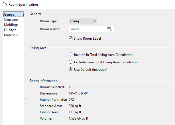 General panel of the Room Specification dialog where room information can be viewed