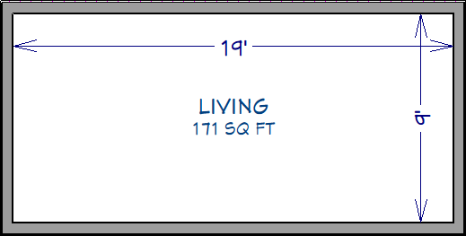 Floor plan view of 20’ by 10’ house showing 171 Sq. Ft. under room label and interior dimensions of 19’ by 9’