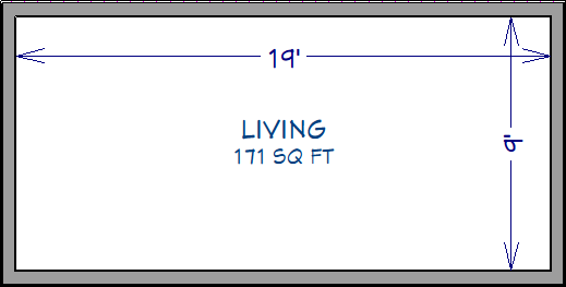 Floor plan view of 20&rsquo; by 10&rsquo; house showing 171 Sq. Ft. under room label and interior dimensions of 19&rsquo; by 9&rsquo;