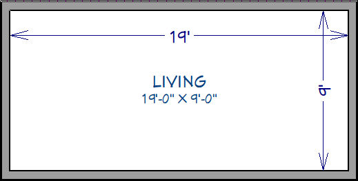 Floor plan view of 20’ by 10’ house showing 19’-0” x 9’-0” under room label and interior dimensions of 19’ by 9’