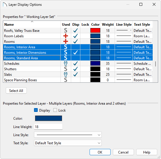 Layer Display Options dialog with the 3 layers highlighted