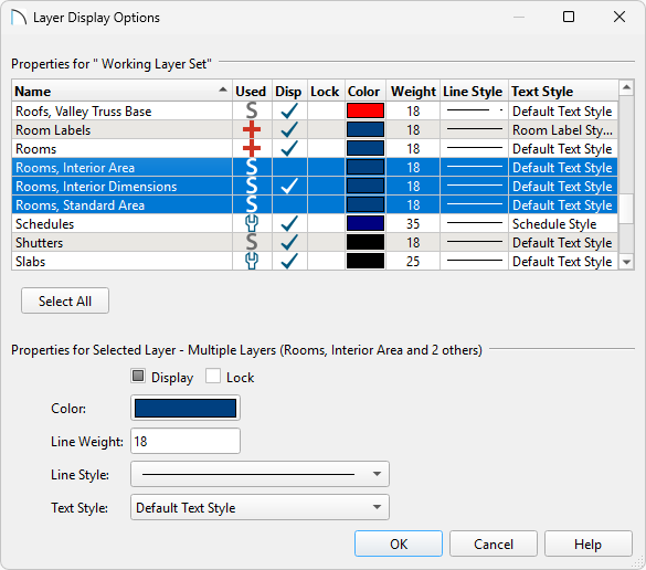 Layer Display Options dialog with the 3 layers highlighted