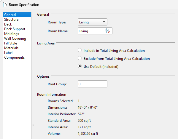 General panel of the Room Specification dialog where room information can be viewed