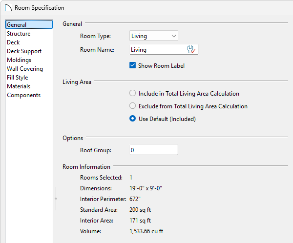 General panel of the Room Specification dialog where room information can be viewed