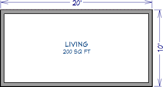 Floor plan view of 20’ by 10’ house showing 200 Sq. Ft. under room label