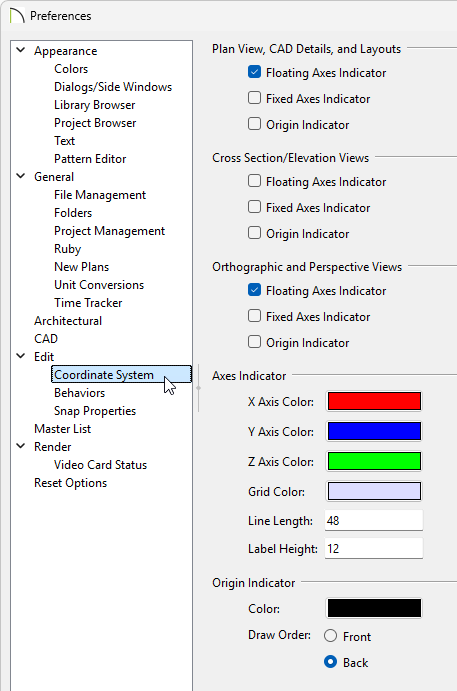 The Coordinate System panel of the Preferences.