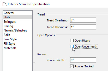 Deselecting Open Risers and Open Underneath on the Exterior Staircase Specification