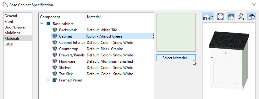 Component selected on the Materials panel of the Specification dialog