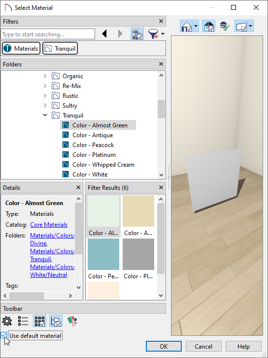 Checking the Use default material box in the Select Material dialog
