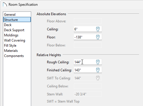 Structure panel of the Room Specification dialog