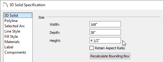 General panel of the 3D Solid Specification dialog