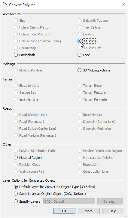 3D/Polyline Solid option selected in the Convert Polyline dialog