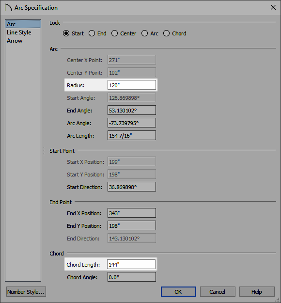 Arc settings on the Arc panel of the specification dialog