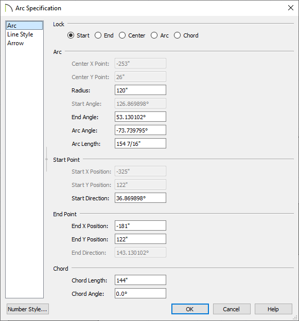 Arc settings on the Arc panel of the specification dialog