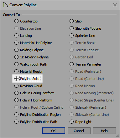 Polyline Solid option selected in the Convert Polyline dialog