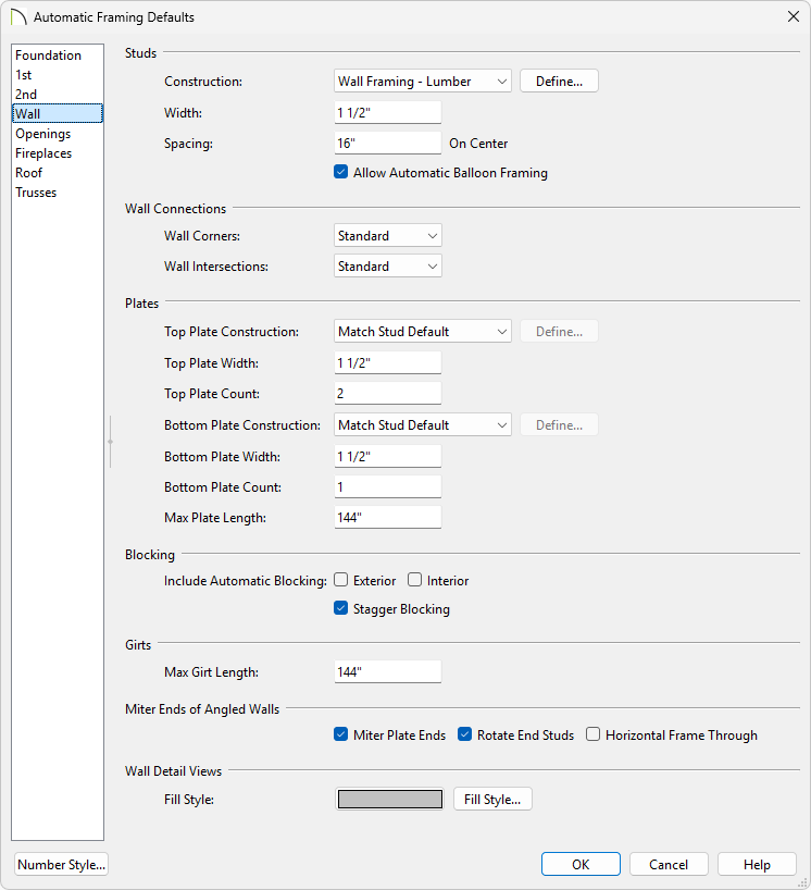 Wall panel of the Framing Defaults dialog