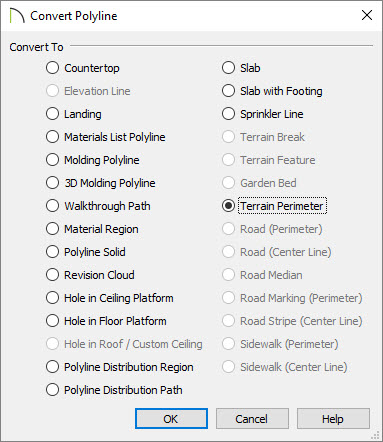 Convert Polyline Dialog Convert Polyline dialog with Terrain Perimeter selected