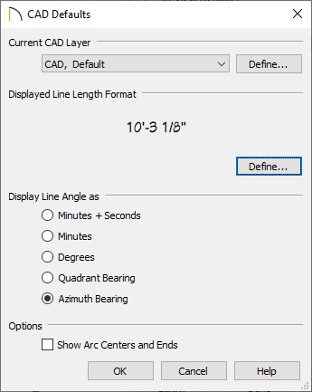 Azimuth Bearing selected in the CAD Defaults dialog