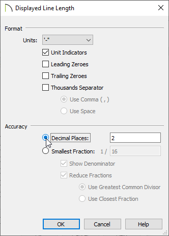 Decimal Places selected under Accuracy in the Displayed Line Length dialog