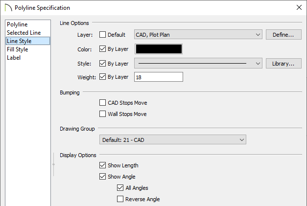 Polyine Specification dialog where Show Length and Show Angle are checked