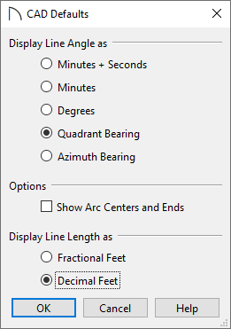 CAD Defaults dialog with Quadrant Bearing and Decimal Feet selected