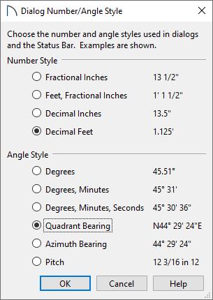 Dialog Number/Angle Style dialog showing Decimal Feet and Quadrant Bearing selected