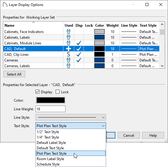 Layer Display Options dialog with Plot Plan Text Style set for the Text Style