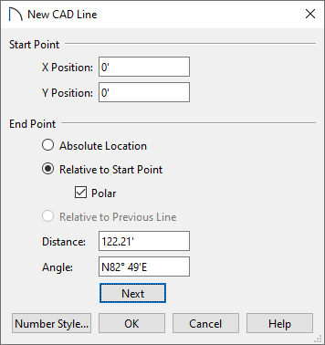 New CAD Line dialog with Relative to Start Point and Polar selected