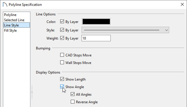 Polyline Specification dialog with Show Length and Show Angle both selected