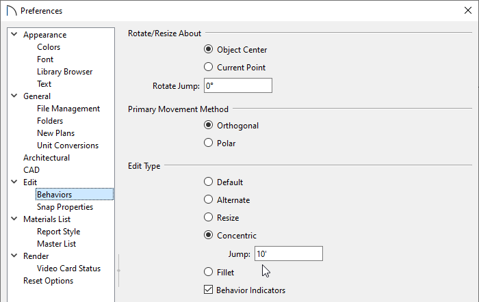 Behaviors panel of the Preferences dialog