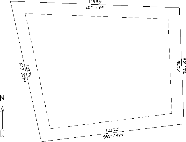 Plot Plan showing length and angle of each line with setback shown as dotted line ten feet inside of perimeter