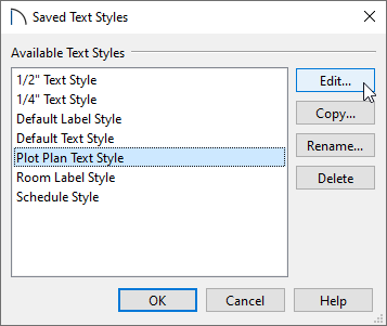 Saved Text Styles diaog with Plot Plan Text Style selected