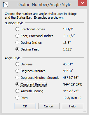 Dialog Number/Angle Style Dialog Number/Angle Style dialog showing Decimal Feet and Quadrant Bearing selected