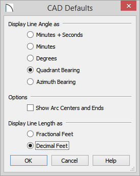 CAD Defaults CAD Defaults dialog with Quadrant Bearing and Decimal Feet selected