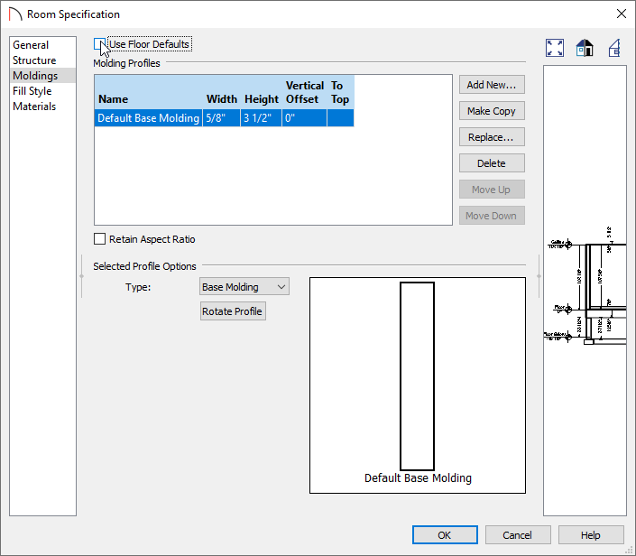 Turning off Use Floor Defaults on the Moldings panel of the Room Specification.