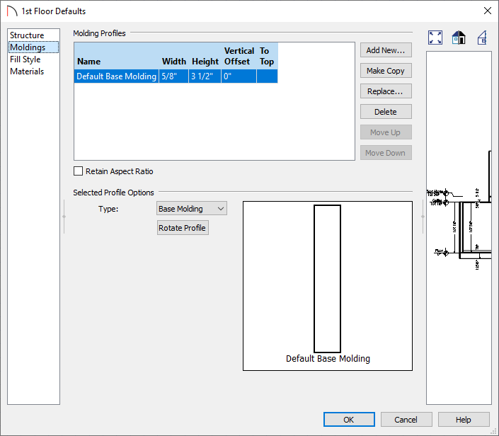 Modifying the moldings panel on the floor defaults