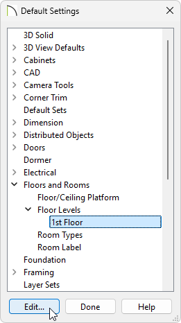 Default Settings dialog box with 1st floor selected under Floor Levels