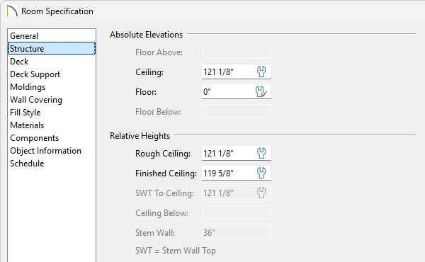 Structure panel of the Room Specification dialog