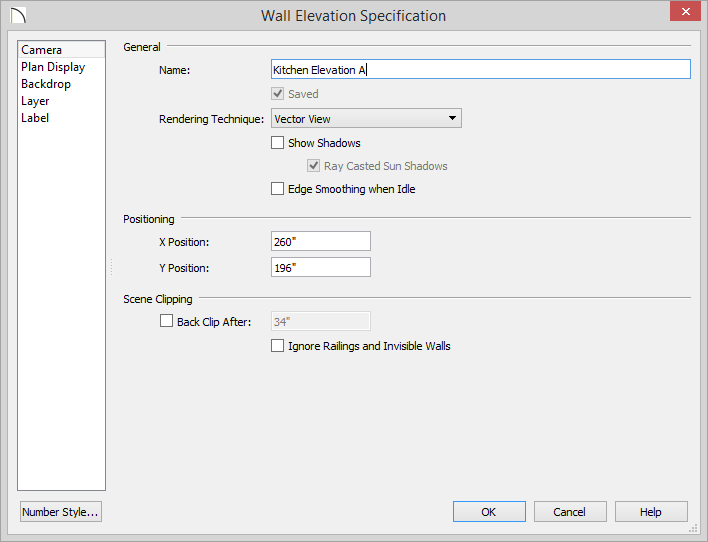 Wall Elevation Specification Wall Elevation Specification dialog with Name specified as Kitchen Elevation A
